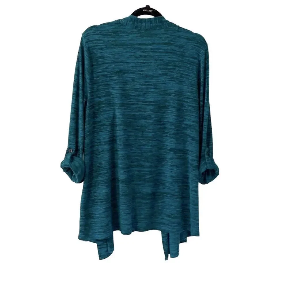 Laura Scott open front dark aqua convertible sleeve cardigan L